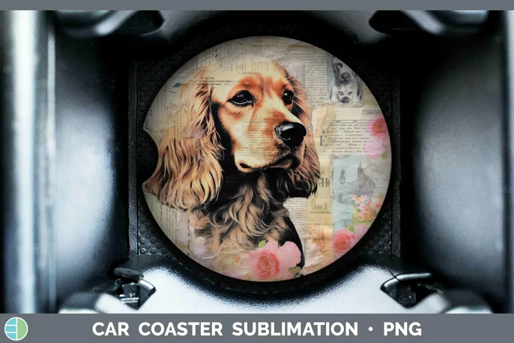 Vintage Decoupage Cocker Spaniel Car Coaster Sublimation Coa