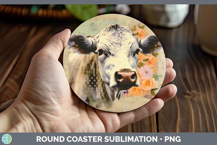 Vintage Decoupage Cow Round Coaster Sublimation Coaster Desi