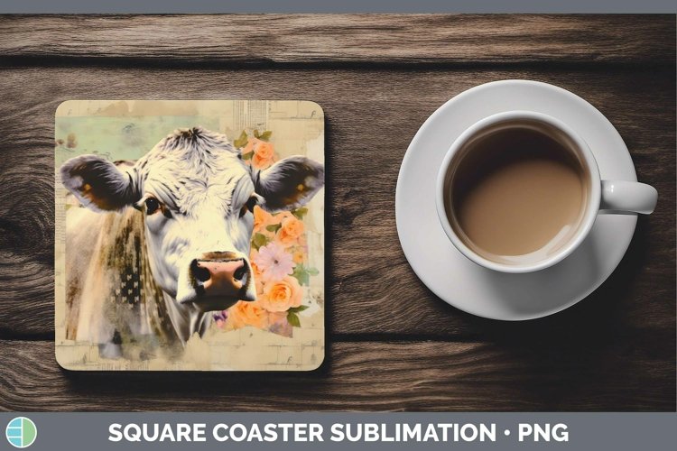 Vintage Decoupage Cow Square Coaster Sublimation Coaster Des