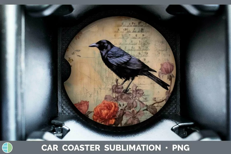 Vintage Decoupage Crow Car Coaster | Sublimation Coaster Des