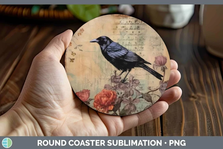 Vintage Decoupage Crow Round Coaster | Sublimation Coaster D