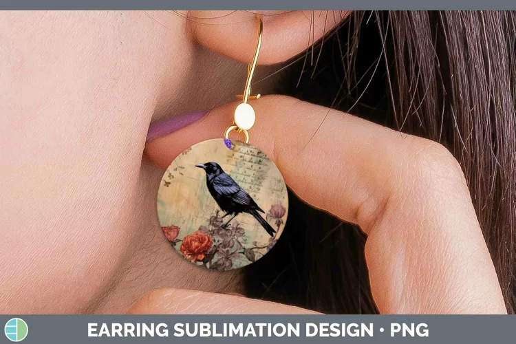 Vintage Decoupage Crow Round Earrings | Sublimation Earrings
