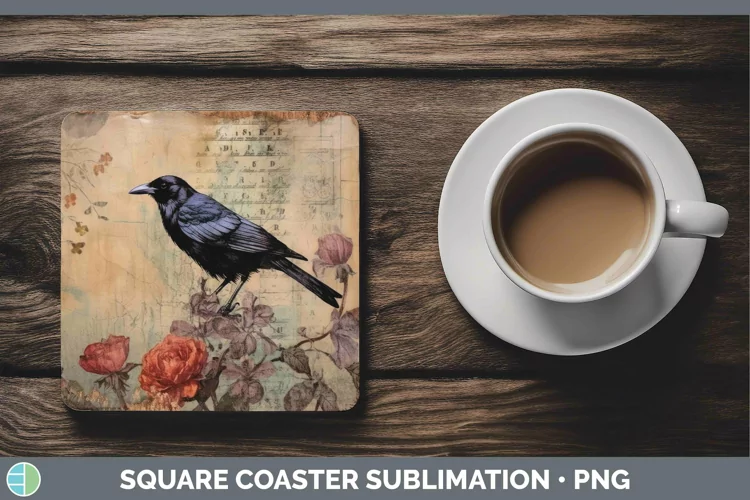 Vintage Decoupage Crow Square Coaster | Sublimation Coaster