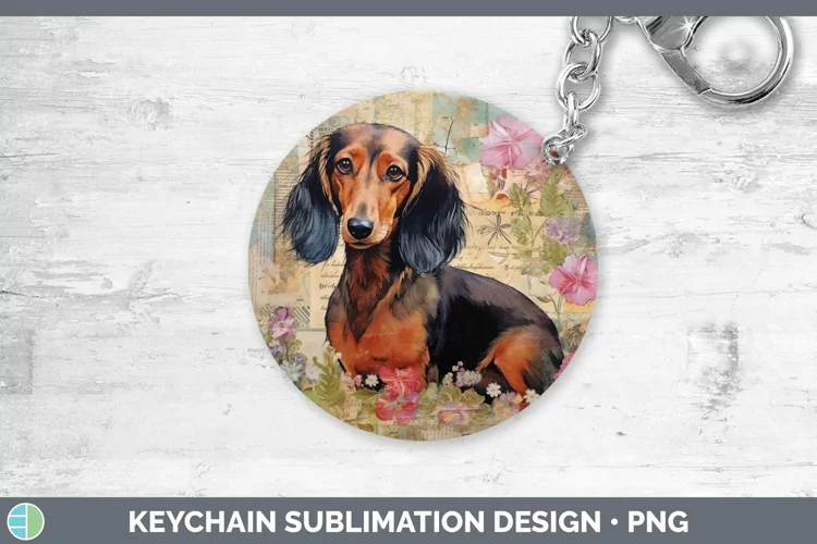 Vintage Decoupage Dachshund Keychain Sublimation Keyring Des