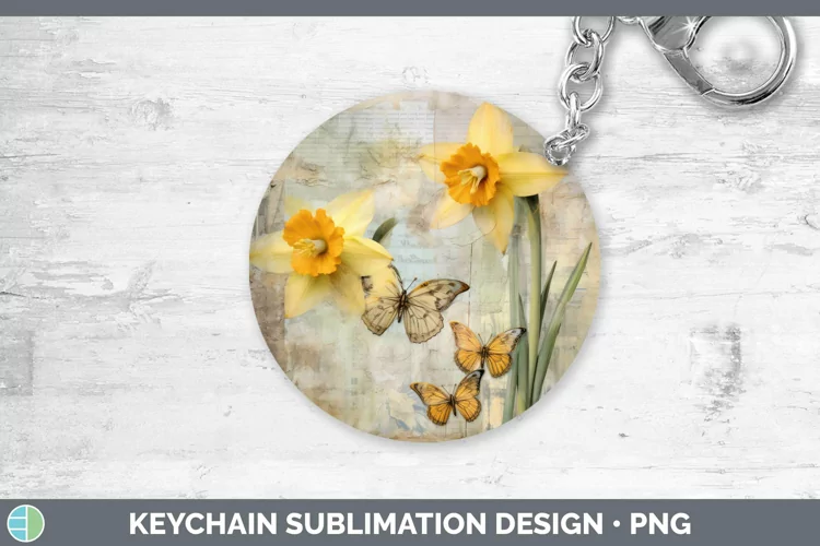 Vintage Decoupage Daffodil Keychain Sublimation Keyring Desi