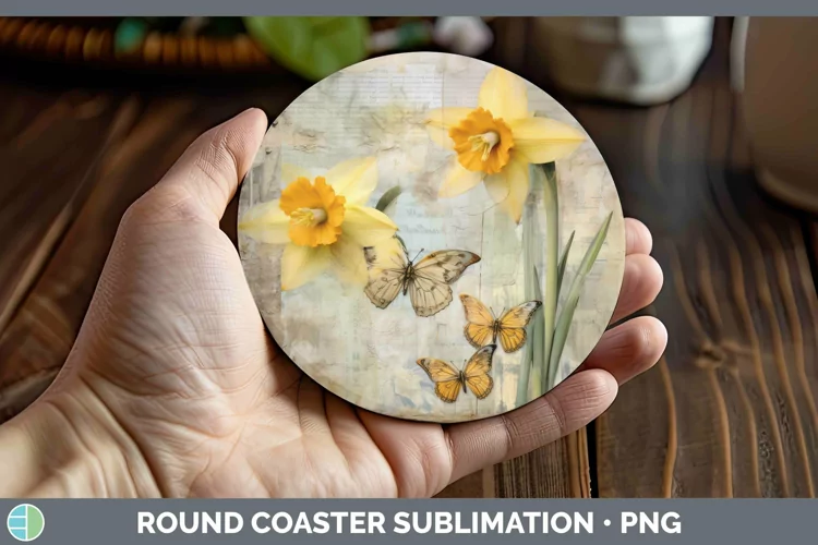 Vintage Decoupage Daffodil Round Coaster Sublimation Coaster