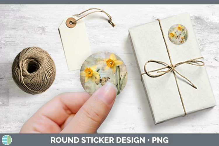 Vintage Decoupage Daffodil Stickers | Round Labels Designs