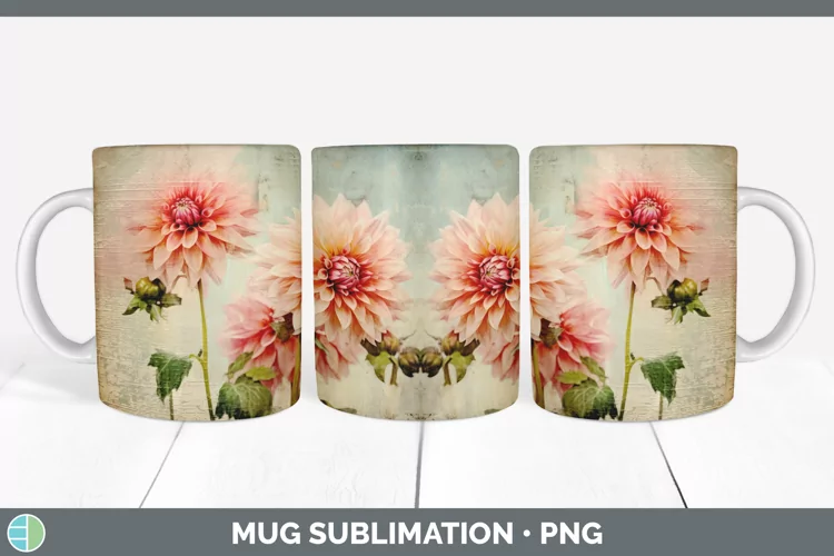 Vintage Decoupage Dahlia Mug Wrap | Sublimation Coffee Cup D