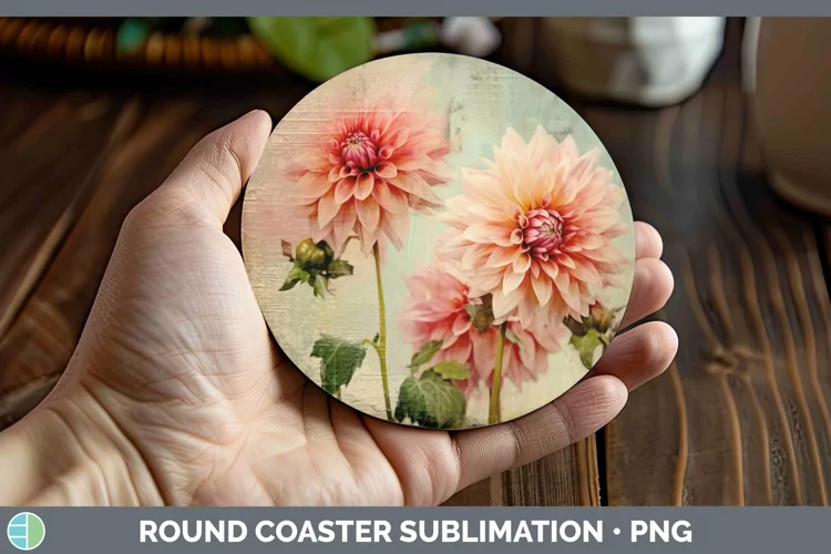 Vintage Decoupage Dahlia Round Coaster | Sublimation Coaster