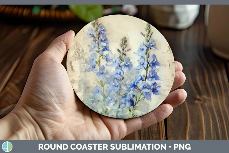 Vintage Decoupage Delphinium Round Coaster | Sublimation Coa