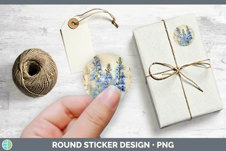 Vintage Decoupage Delphinium Stickers | Round Labels Designs