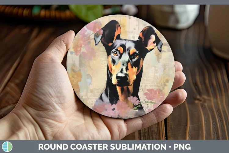 Vintage Decoupage Doberman Pinscher Round Coaster Sublimatio