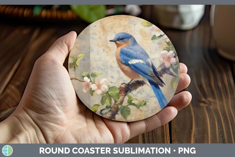 Vintage Decoupage Eastern Bluebird Round Coaster | Sublimati