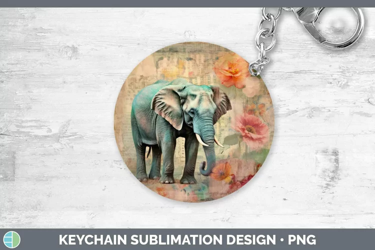 Vintage Decoupage Elephant Keychain Sublimation Keyring Desi