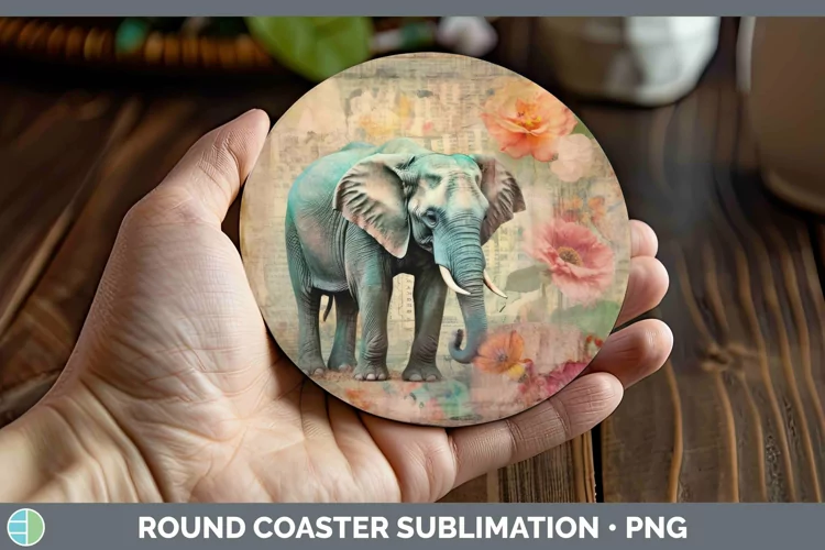 Vintage Decoupage Elephant Round Coaster Sublimation Coaster
