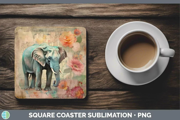 Vintage Decoupage Elephant Square Coaster Sublimation Coaste