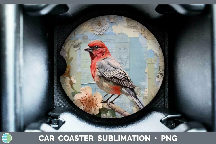 Vintage Decoupage Finch Car Coaster | Sublimation Coaster De