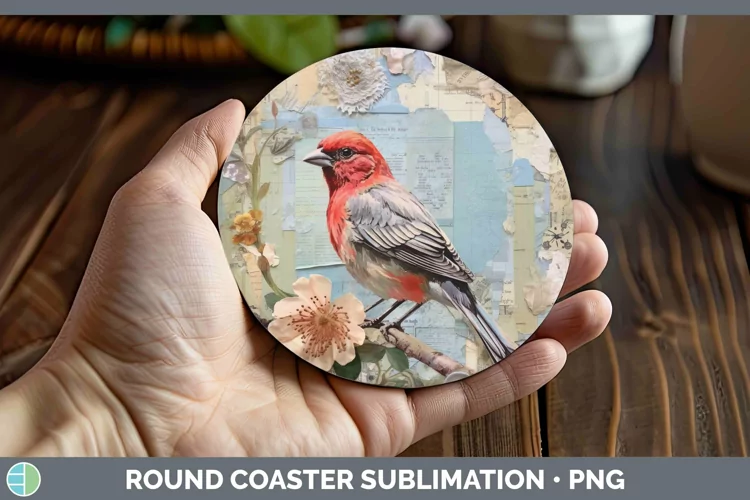 Vintage Decoupage Finch Round Coaster | Sublimation Coaster