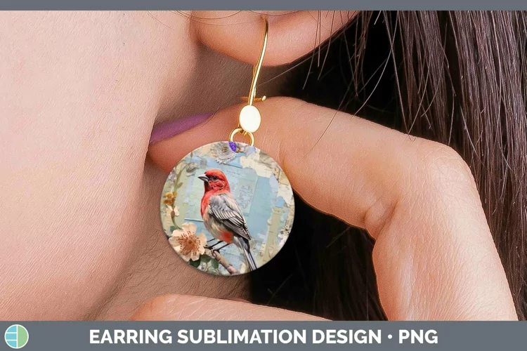Vintage Decoupage Finch Round Earrings | Sublimation Earring