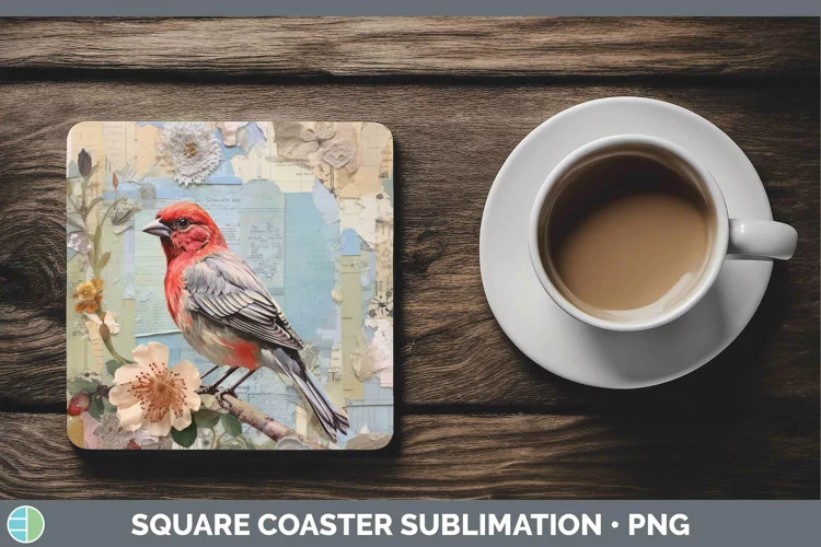 Vintage Decoupage Finch Square Coaster Sublimation Coaster D