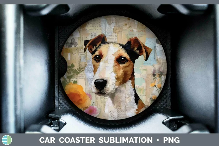 Vintage Decoupage Fox Terrier Dog Car Coaster Sublimation Co