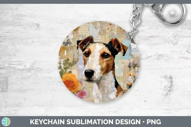 Vintage Decoupage Fox Terrier Dog Keychain Sublimation Keyri