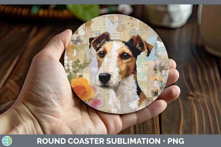 Vintage Decoupage Fox Terrier Dog Round Coaster Sublimation