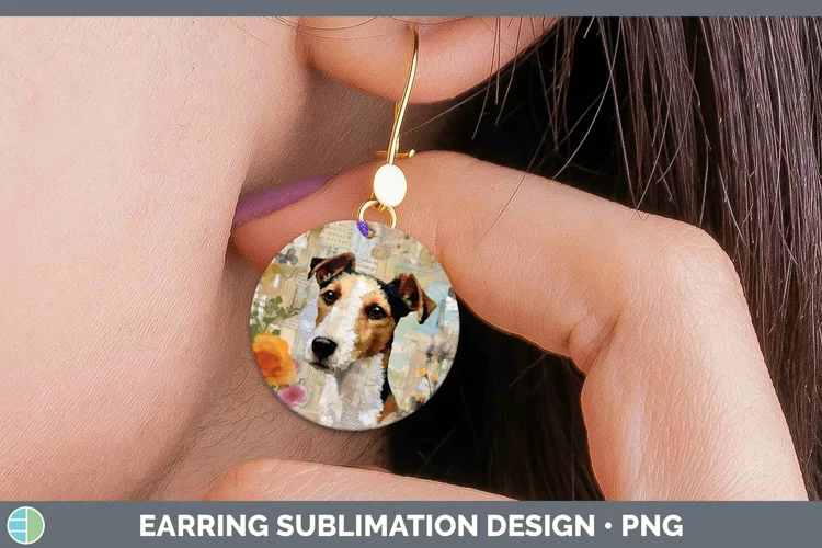 Vintage Decoupage Fox Terrier Dog Round Earrings Sublimation