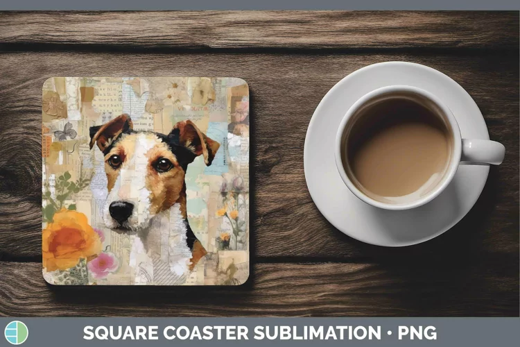 Vintage Decoupage Fox Terrier Dog Square Coaster Sublimation