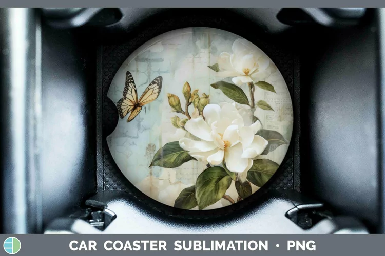 Vintage Decoupage Gardenia Car Coaster Sublimation Coaster D