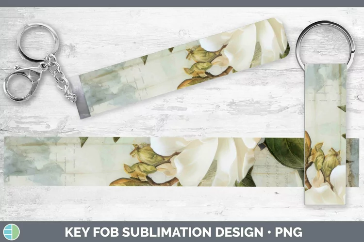 Vintage Decoupage Gardenia Key Fob Sublimation Wristlet Desi