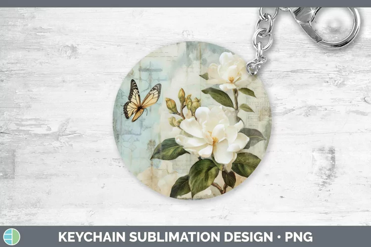 Vintage Decoupage Gardenia Keychain Sublimation Keyring Desi