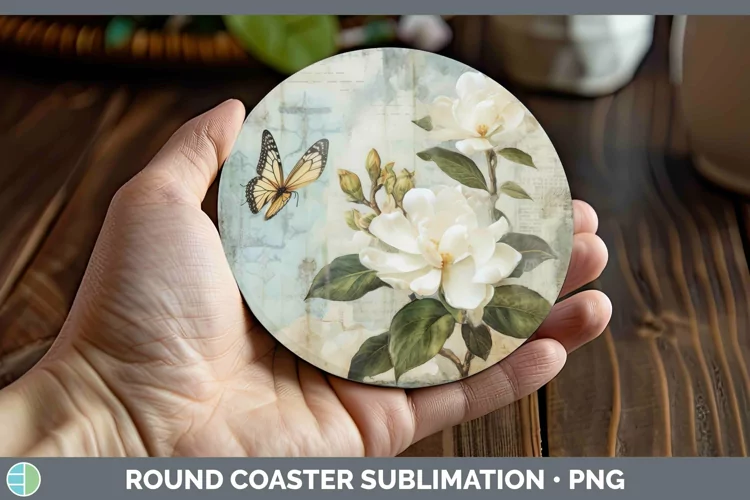Vintage Decoupage Gardenia Round Coaster Sublimation Coaster