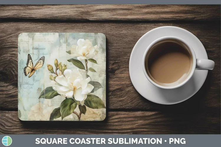 Vintage Decoupage Gardenia Square Coaster Sublimation Coaste