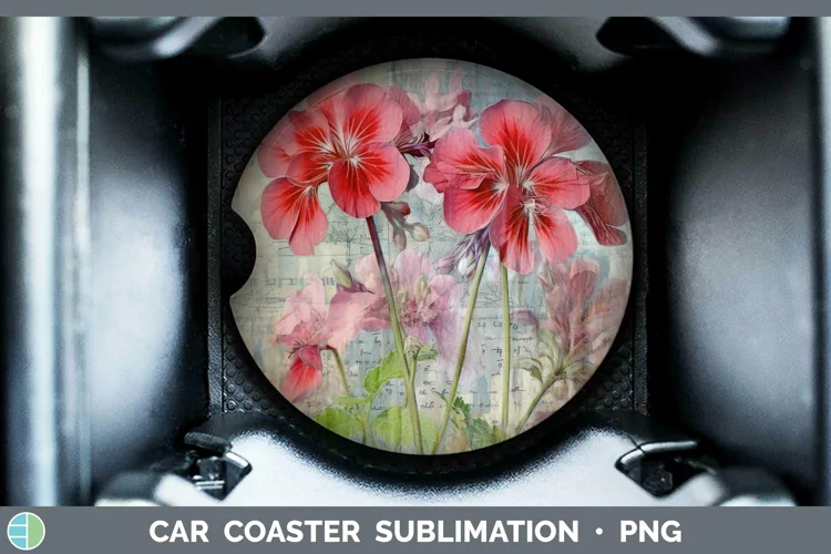 Vintage Decoupage Geranium Car Coaster | Sublimation Coaster