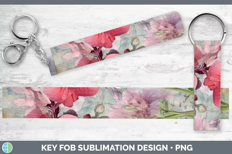 Vintage Decoupage Geranium Key Fob | Sublimation Wristlet De