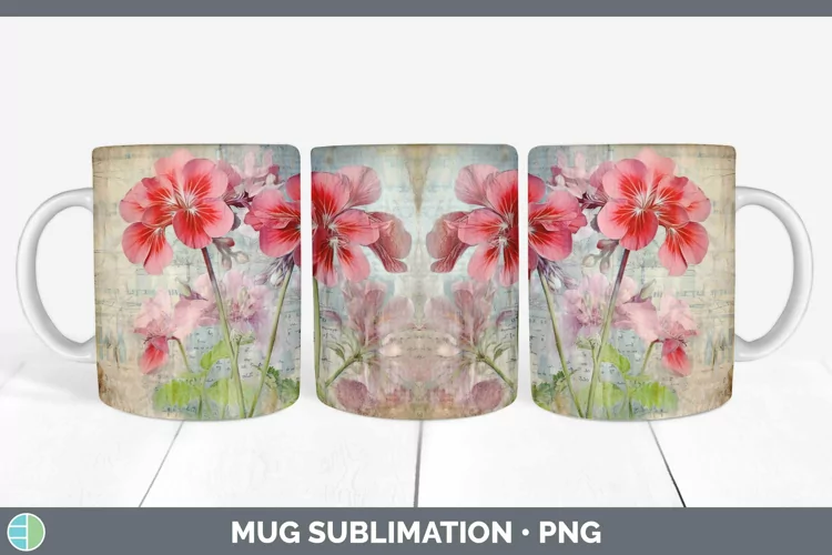 Vintage Decoupage Geranium Mug Wrap | Sublimation Coffee Cup