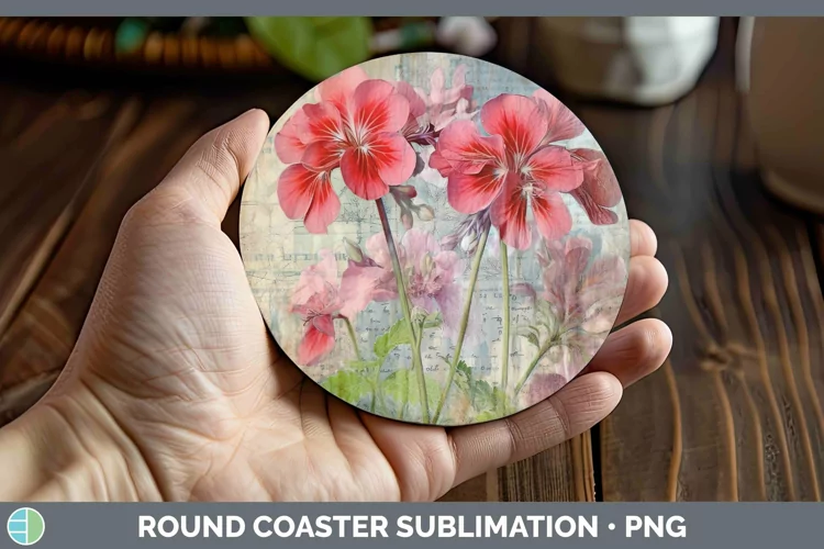 Vintage Decoupage Geranium Round Coaster | Sublimation Coast