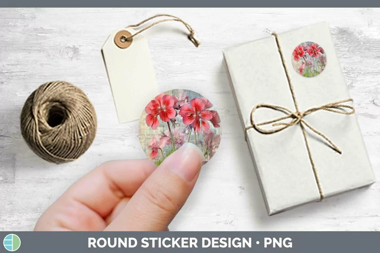 Vintage Decoupage Geranium Stickers | Round Labels Designs