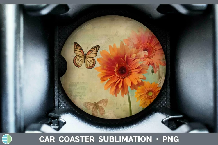 Vintage Decoupage Gerbera Daisy Car Coaster Sublimation Coas
