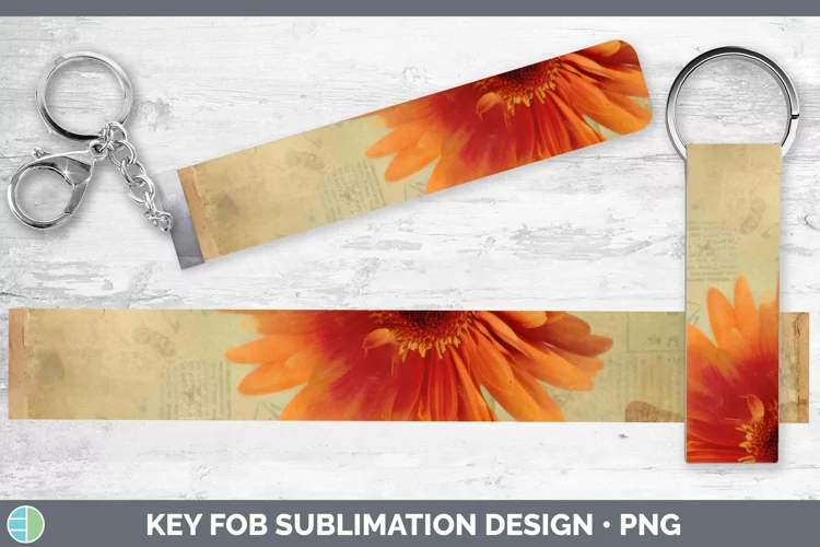 Vintage Decoupage Gerbera Daisy Key Fob Sublimation Wristlet