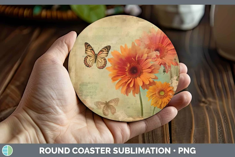 Vintage Decoupage Gerbera Daisy Round Coaster Sublimation Co