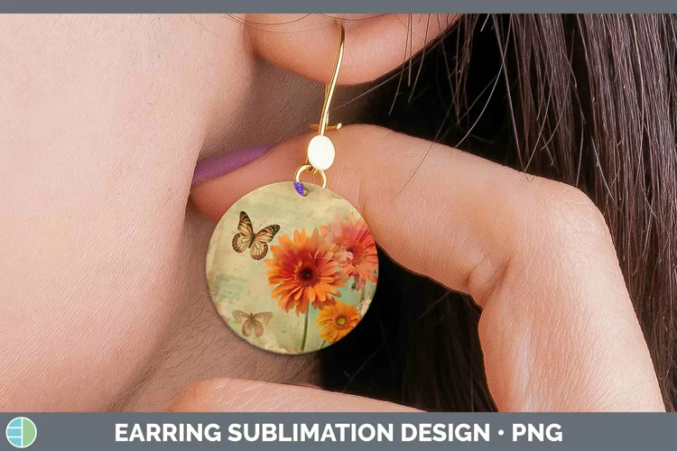 Vintage Decoupage Gerbera Daisy Round Earrings Sublimation E