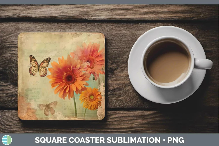 Vintage Decoupage Gerbera Daisy Square Coaster Sublimation C