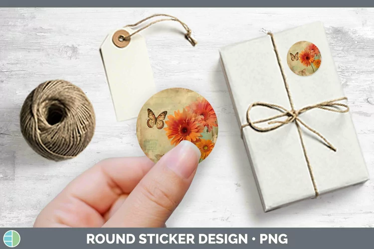 Vintage Decoupage Gerbera Daisy Stickers | Round Labels Desi