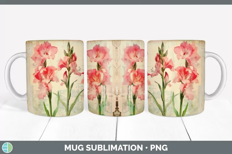 Vintage Decoupage Gladiolus Mug Wrap | Sublimation Coffee Cu