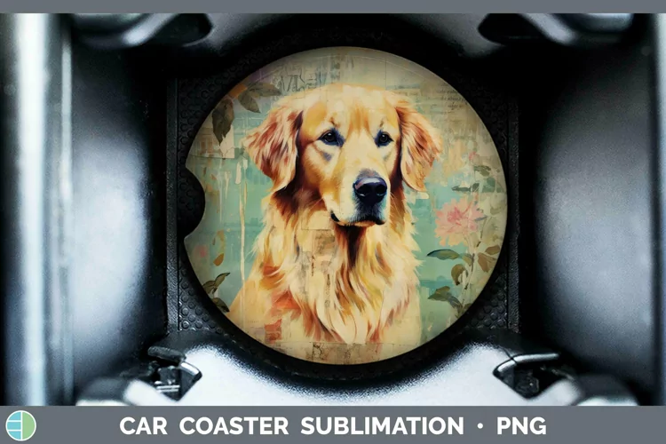 Vintage Decoupage Golden Retriever Car Coaster Sublimation C