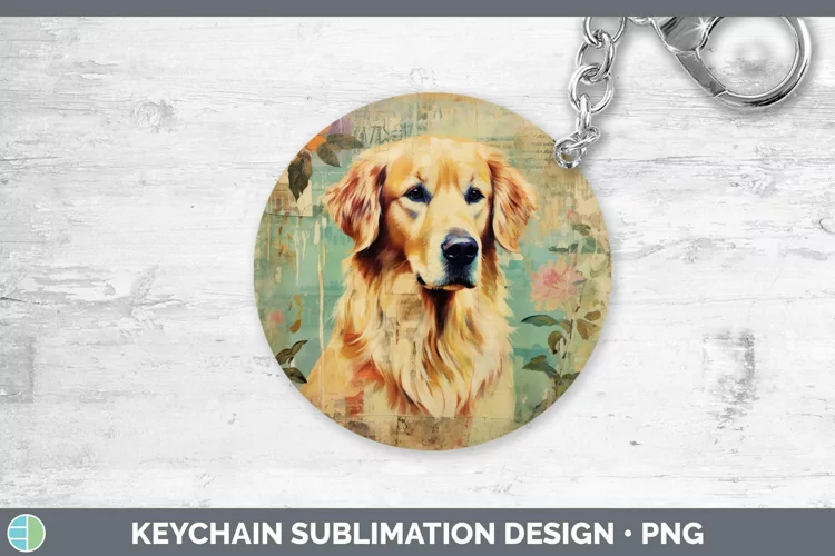 Vintage Decoupage Golden Retriever Keychain Sublimation Keyr