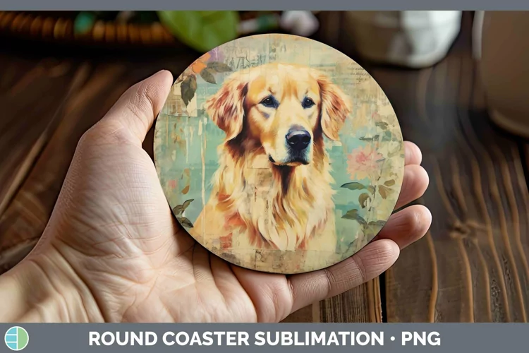 Vintage Decoupage Golden Retriever Round Coaster Sublimation