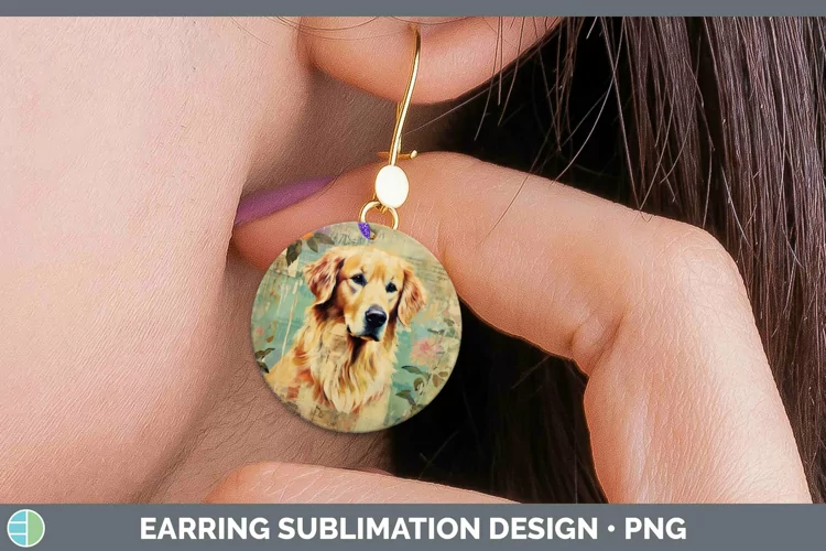 Vintage Decoupage Golden Retriever Round Earrings Sublimatio